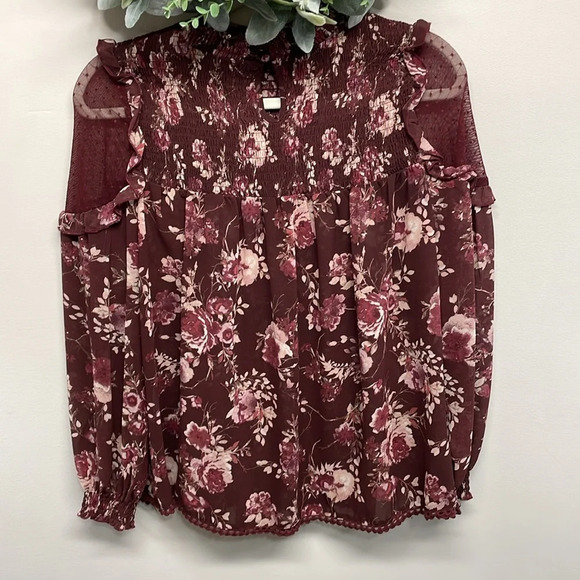 Skylar & Jade Burgundy Sheer Floral Long Sleeve Blouse Lace Ruffle Detail S - Picture 4 of 12